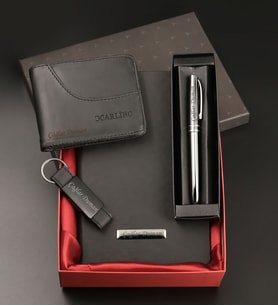 Özel Kutulu Kişiye Özel Siyah Defter & Kişiye Özel Metal Tükenmez Kalem & Cüzdan & Anahtarlık Hediye Seti