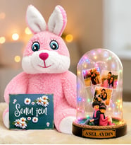 Kişiye Özel 3 Fotoğraflı Renkli LED Işıklı Fanus(sırt sırta aşıklar) ve Sevimli Peluş Tavşan Sevgiliye Hediye Kadına Hediye