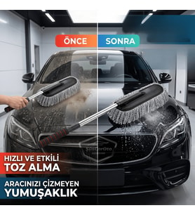 Teleskopik Uzayan Saplı Araç Yıkama ve Toz Alma Fırçası Temizleme Püskülü Mopu Mikrofiber Çizmez