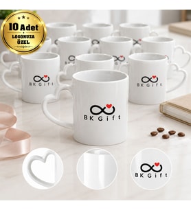Logonuza Özel 10 Adet Kalp Kulplu Beyaz Porselen Kupa Kurumsal Hediye ve Promosyon Seti