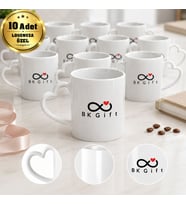 Logonuza Özel 10 Adet Kalp Kulplu Beyaz Porselen Kupa Kurumsal Hediye ve Promosyon Seti