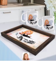 BK Gift Kişiye Özel Kadın Patron Karikatürlü Doğal Ahşap Tepsi ve 2’li Kupa Bardak Seti-3