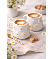 evinbizden Papatya Desen El Dekorlu 2 Kişilik Seramik Kupa/Fincan/Mug (Sarı Papatya)
