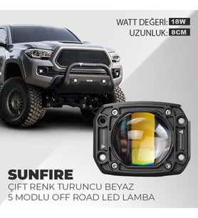 Sunfire 18w Uyumlu Çift Renk Gömme Montaj Sarı Beyaz 8CM 5 Modlu Off Road Led Lamba 1 Adet