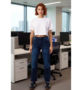 Kadın Yüksek Bel Straight Fit Koyu Jean Fonksiyonel Dayanıklı Kaliteli Konforlu Estetik Şık
