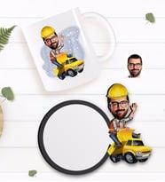BK Gift Kişiye Özel Erkek Yol Mühendisi Karikatürlü Beyaz Kupa ve Ahşap Bardak Altlığı Hediye Seti-1