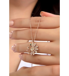 Kadın Orjinal 925 Ayar Gümüş Zirkon Taşlı Papatya Çicek Model Kolye (Rose)