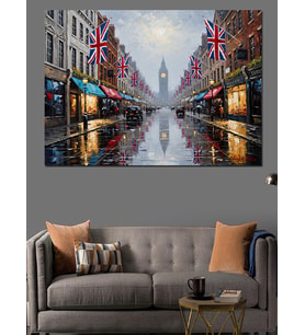 Yağmurlu Londra Caddesi Ve Big Ben Dekoratif Kanvas - Mdf Ahşap Tablo