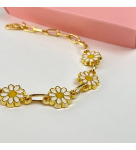 925 Ayar Papatya Bileklik Kadın Gümüş Bileklik , Gold Kaplama Papatya Zincir Bileklik