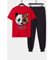 Unisex Panda Baskılı 2'li Eşofman Takımı (Kırmızı)