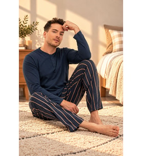 Arnetta Erkek Premium %100 Pamuklu Düğmeli Yaka Çizgili Uzun Kollu Pijama Takım