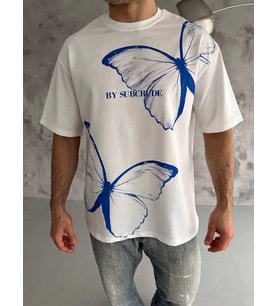 Erkek Kısa Kol Yazlık Tişört Bisiklet Yaka Baskılı Oversize T-Shirt - Beyaz