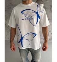 Erkek Kısa Kol Yazlık Tişört Bisiklet Yaka Baskılı Oversize T-Shirt - Beyaz
