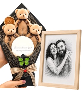 Kişiye Özel Karakalem Fotoğraflı Ahşap Çerçeve ve Aynalı Kahve Peluş Ayıcık Buketi