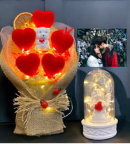 Kişiye Özel Fotoğraflı Led Işıklı Kalp Buketi ve Beyaz Melekli Fanus Hediye Seti  Romantik Premium Hediye