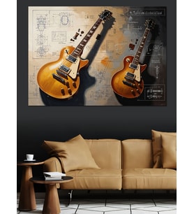 Teknik Çizimli İki Gitar Dekoratif Kanvas - Mdf Ahşap Tablo