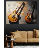 Teknik Çizimli İki Gitar Dekoratif Kanvas - Mdf Ahşap Tablo