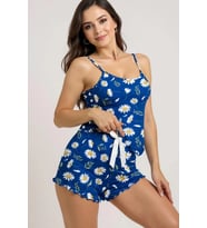 Papatya Desenli Mavi Askılı Şortlu Pijama Takımı