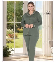 Melodi Kadın Büyük Beden %100 PAMUK Önden Düğmeli Uzun Kol Baharlık Pijama Takımı 17138- 1 Adet (Haki)