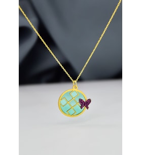 925 Ayar Gümüş Gold Kaplama Geometrik Desenli Rüya Serisi Cam Boyalı, Mini Kelebek Kolye