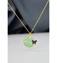 925 Ayar Gümüş Gold Kaplama Geometrik Desenli Rüya Serisi Cam Boyalı, Mini Kelebek Kolye