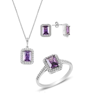 Söğütlü Silver Gümüş rodyumlu ametist   baget taşlı üçlü set
