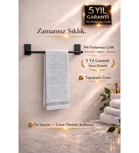 Premium Siyah 304 Paslanmaz Uzun Havluluk, Havlu Askısı Güçlü Yapışkan 5 Yıl Garanti