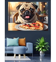 Pizza Yiyen Tatlı Pug Köpek Dekoratif Kanvas - Mdf Ahşap Tablo