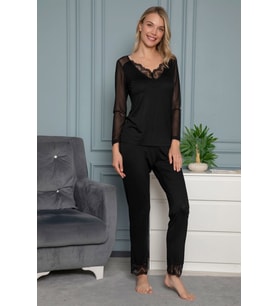 Monamise Kadın Sırtı Dekolteli Tüllü ve Dantelli Pijama Takımı