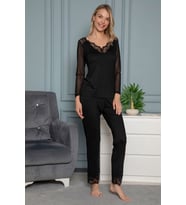 Monamise Kadın Sırtı Dekolteli Tüllü ve Dantelli Pijama Takımı