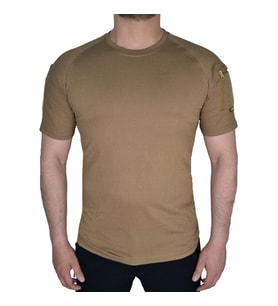 Koyu Bej Renkli Taktik Kısa Kollu Tişört, 2 Cepli T-Shirt