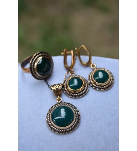 STONEAGE JEWELLERY Yeşil Akik Doğal Taş Tam Set (Altın / Dore)