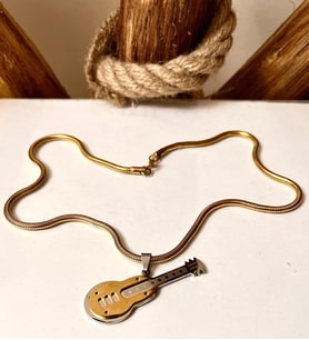 Kalın Çelik Burgu Zincir-Gitar Figürlü Unisex 316L Çelik Kolye 55cm (Gümüş - Altın)