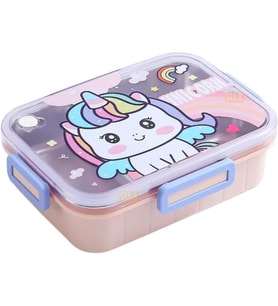 Bento 750ml Lunchbox Sevimli Dostlar Tek Katlı 3 Bölmeli Paslanmaz Çelik Sefer Tası Yemek Kutusu (Pembe Unicorn)