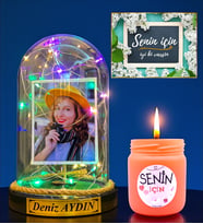 Kişiye Özel Renkli Led Işıklı Fanus ve Renkli Mis Kokulu Mum Hediye Seti DN1 (Model 2)