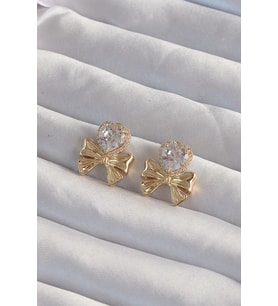 Pirinç Gold Renk Zirkon Taşlı Kalp Model Fiyonk Küpe (Karışık)