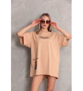 Unisex Bisiklet Yaka Baskılı Oversize T-Shirt - Bej