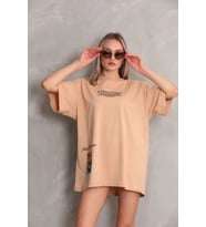 Unisex Bisiklet Yaka Baskılı Oversize T-Shirt - Bej