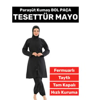 Özel Üretim Yüksek Kalite Konforlu Fermuarlı Taytlı Tam Kapalı Paraşüt Kumaş Bol Paça TESETTÜR MAYO (Siyah)