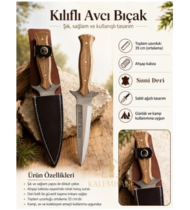 Kalemhane 35 cm Ahşap Kabzalı Kılıflı Avcı Bıçağı Sabit Ağızlı Kamp Outdoor Bıçağı