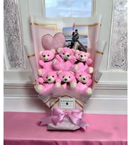 Kişiye Özel Fotoğraflı Sevgiliye/Arkadaşa Pembe Ayıcık Buketi Kalp Yastıklı