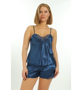 Lacivert Saten Babydoll Şortlu Takım