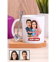 Sevgiliye Hediye Evlenme Teklifi Temalı Karikatürlü Ahşap Altlıklı Beyaz Kupa Bardak