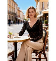 Kadın Bluz Fitted Vücuda Oturan Kruvaze Yaka Uzun Kol Dantel Örme Kumaş Crop Kapama Modern