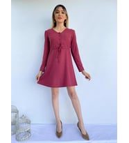 Kadın Yumuşak Doku Bel Ayarlamalı Bordo Elbise
