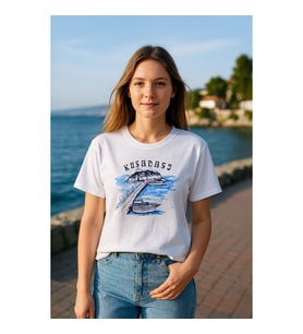 Kadın Bisiklet Yaka %100 Pamuk Mavi Kuşadası Baskılı Kısa Kollu T-Shirt