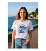 Kadın Bisiklet Yaka %100 Pamuk Mavi Kuşadası Baskılı Kısa Kollu T-Shirt