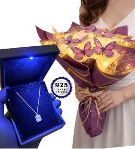 Işıklı Kutusunda 925 Ayar Gümüş Kolye ve Led Işıklı Kelebek Buketi Hediye Seti (Model 5)