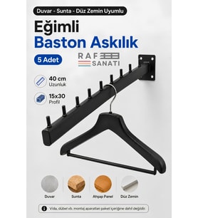 5 Adet - Duvara Monte Eğimli Baston Askılık 40 cm - Mağaza Butik Elbise Kıyafet Askılığı Siyah