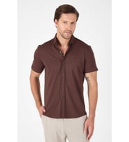 Koyu Kahverengi Kısa Kol Düğmeli Yaka Cepsiz Performans Ürün Slim Fit  Gömlek 1004250256